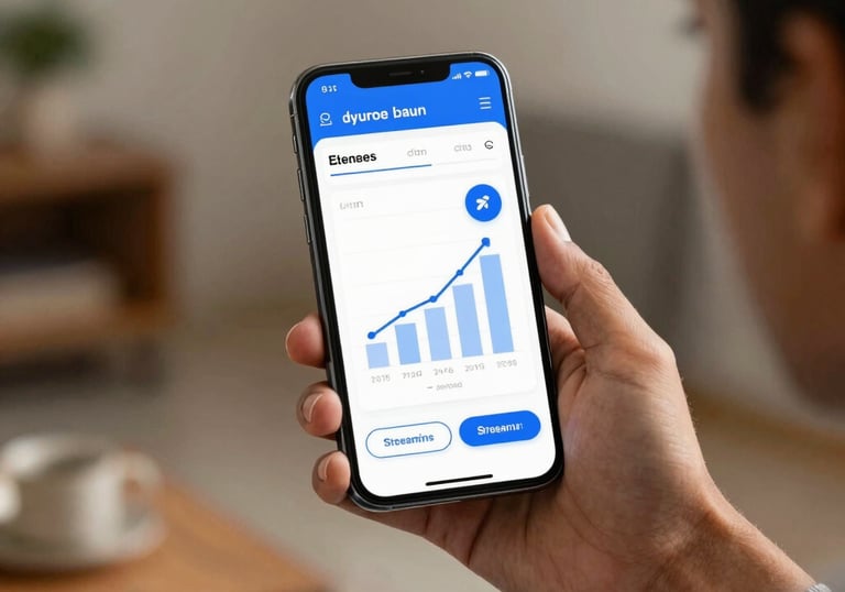 A person in a South Asian / Indian home holding a smartphone, displaying a professional analytics interface with blue and white accents showing rising streaming numbers.