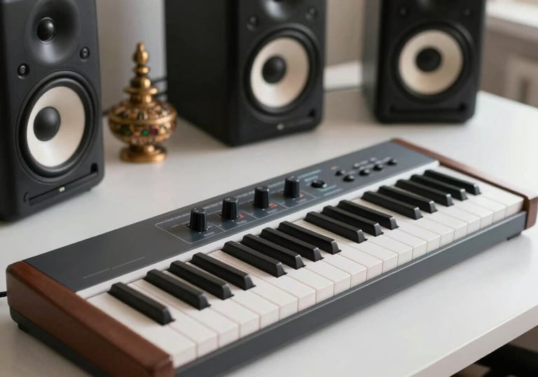 A high-resolution MIDI keyboard and studio monitors on a clean white desk, with a South Asian / Indian decorative element in the background under soft daylight.