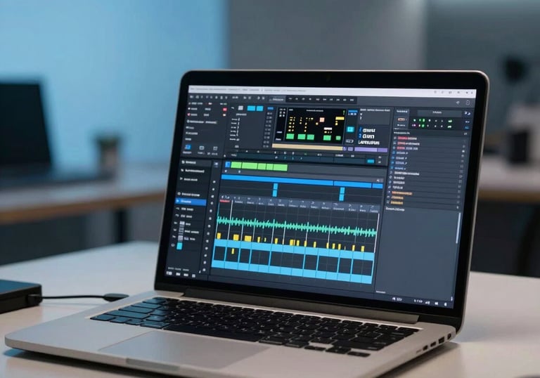 A modern workspace with a laptop open to a music production software, featuring slate gray and sky blue lighting, in a professional South Asian / Indian studio setting.