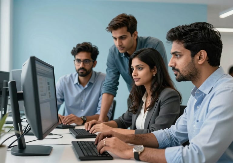 A group of professional South Asian digital experts collaborating in a modern office with light blue decor, working on high-end monitors.