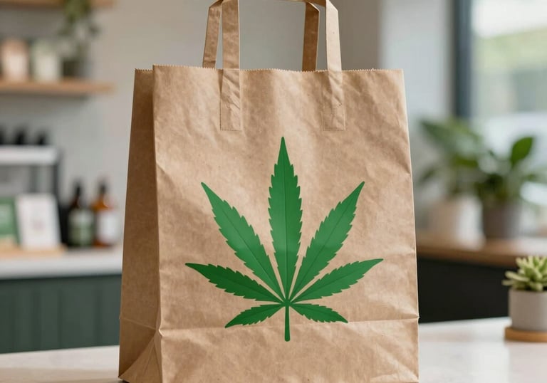 Friendly staff member handing a Green Leaf Cannabis branded bag to a smiling adult customer.