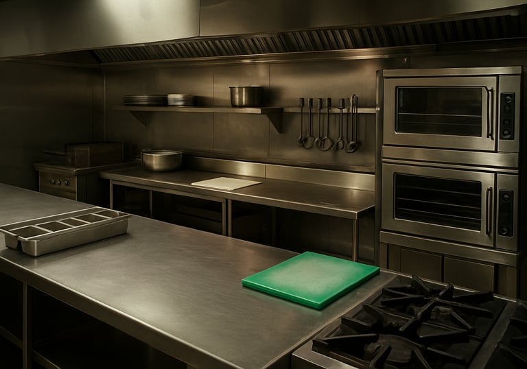 A clean and organized shot of a modern restaurant kitchen during prep time, showing stainless steel surfaces and professional equipment. Global / Corporate.