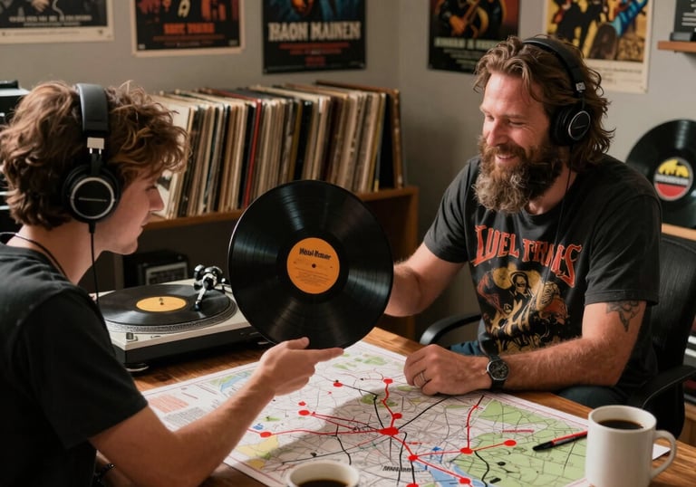 A focused mentor guiding a metalhead through a dark, atmospheric vinyl collection room.