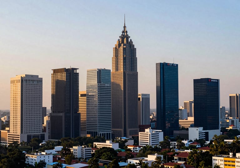 A panoramic view of the Bangalore skyline during golden hour, showcasing modern commercial architecture and dark navy blue tones.
