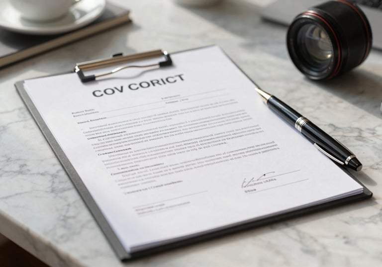 A detailed shot of a real estate contract and a designer pen on a marble desk in a South American / Brazilian professional setting, soft morning light.
