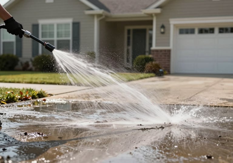 A photography shot of a high-pressure washing service being performed on a driveway of a suburban North American home. Water spray is captured in motion, removing dirt and revealing a clean surface, emphasizing renewal and care.