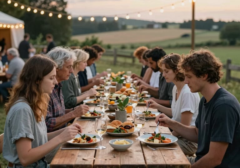 A lifestyle photograph of people enjoying a meal at a farm-to-table event outdoors, with long wooden tables and string lights in a European countryside setting.