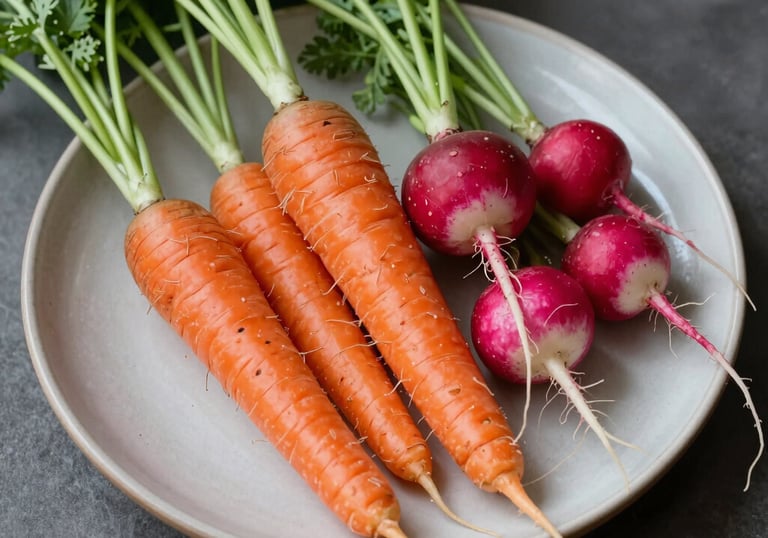 A professional flat-lay photograph of a farm-to-table vegetable plate, featuring heritage carrots and fresh radishes on a matte ceramic plate, soft daylight, European style.