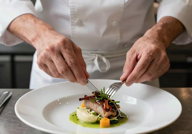 An elegant photo of a chef in a modern kitchen carefully plating a gourmet dish, focusing on the precision and artistry of food preparation. Professional lighting.