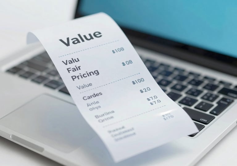 A modern graphic representing value and fair pricing, showing a transparent receipt and a laptop. Palette: #2A5D7C and #F7FAFC.