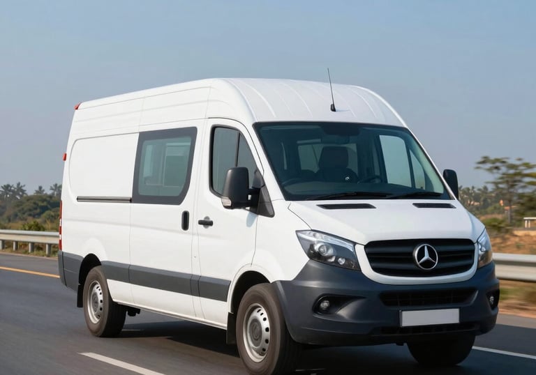 Photography of a clean medium-blue and white delivery van driving on a modern Indian highway under a clear blue sky, sleek and professional look.
