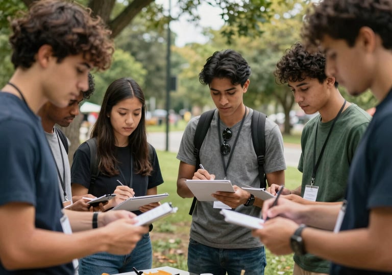 A group of young leaders working together on a community service project outdoors in a North American / US park, wearing casual clothing, conveying teamwork.