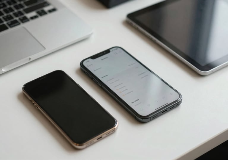 An overhead shot of a clean, minimalist desk with a smartphone and tablet, in a professional South Asian / Indian environment, focusing on digital efficiency.