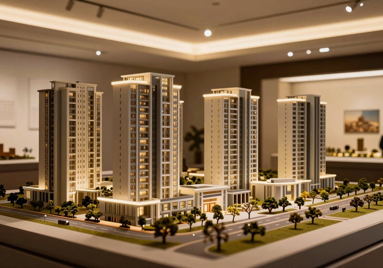 A detailed scale model of a contemporary residential complex in Gurgaon, showcased in a sophisticated gallery with soft, warm golden lighting.