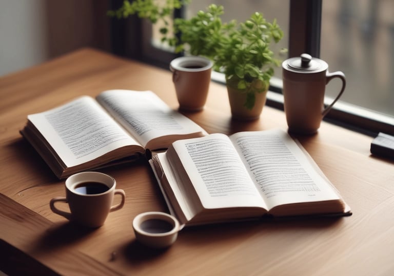 A minimalist calendar and notebook beside a steaming cup of tea, symbolizing planning and reflection.