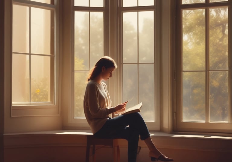 A serene setting with soft lighting, showing a person engaged in a thoughtful video conversation.