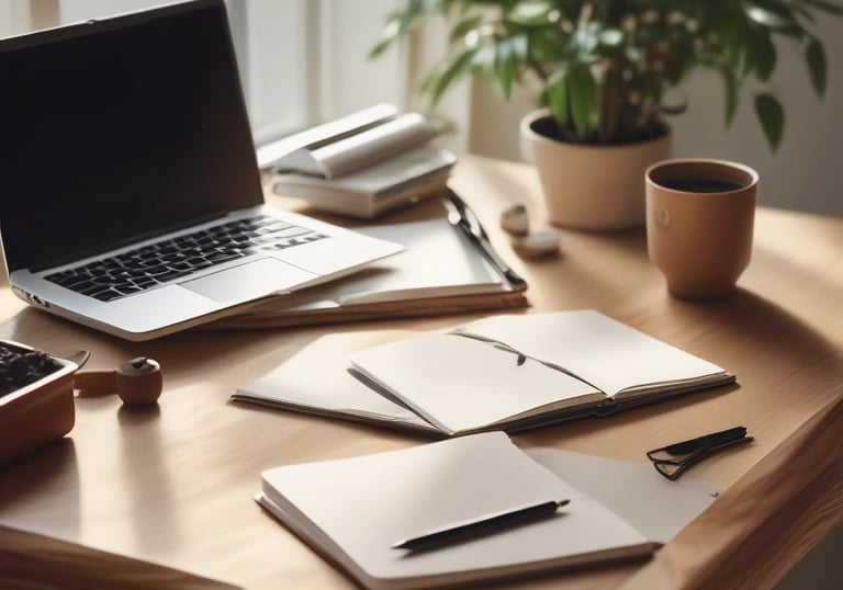 A calm, minimalist workspace with a laptop open to a video call screen.