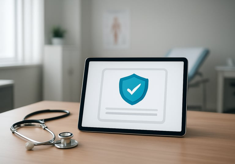 A clean medical office setting in North America showing a digital certificate on a tablet. Soft professional lighting, emphasizing safety and verified healthcare compliance.