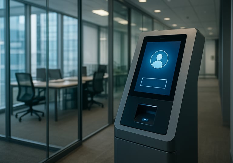 A secure modern office environment in North America focused on a high-tech verification terminal. Professional, clean, with a sophisticated international style.