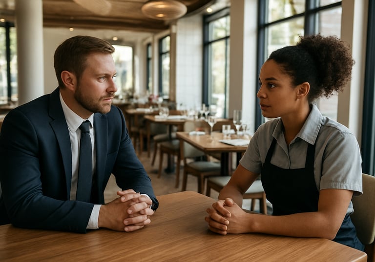 A professional meeting in a bright, modern restaurant dining room. A manager and a certified worker discussing employment. High-end North American interior.