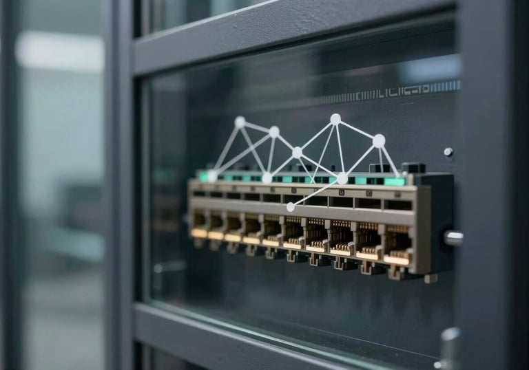An abstract close-up of a digital network interface reflected in a clean glass partition, sharp focus, corporate tech aesthetic, charcoal tones.