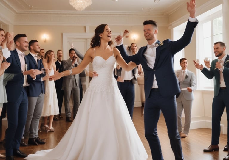 A DJ discussing music choices with a smiling couple in a cozy setting.
