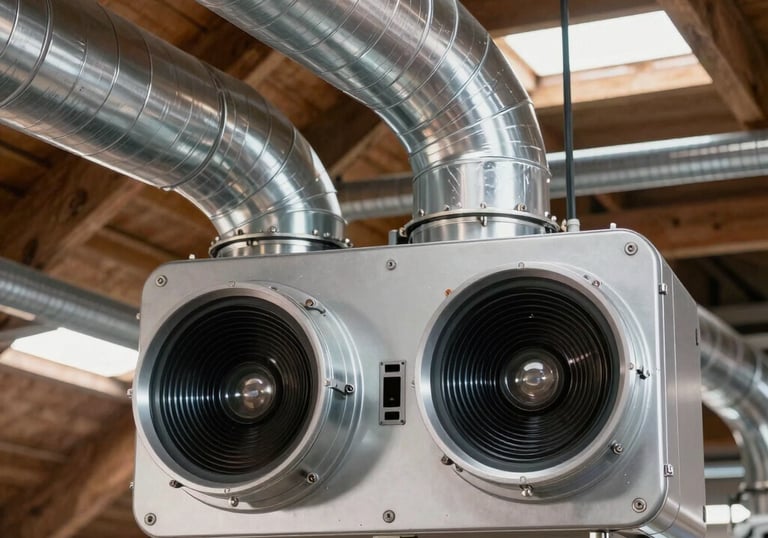 A close-up of a modern VMC double-flux ventilation system with clean silver ductwork in a well-lit technical attic, modern engineering aesthetic.
