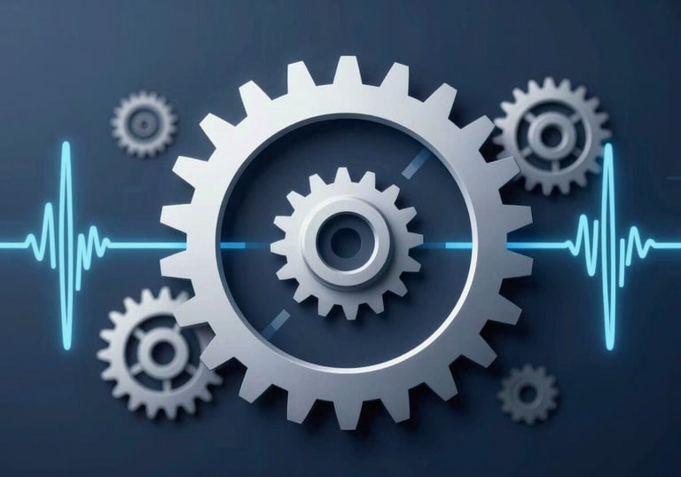 Abstract visualization of a gear mechanism integrated with digital pulse lines. High-contrast #2C528B and white palette.