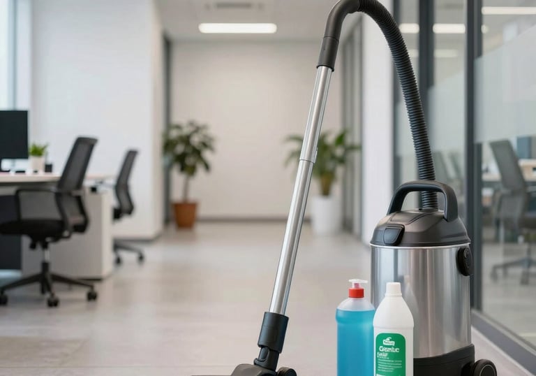 Professional cleaning equipment including a modern vacuum and organic cleaning supplies in a bright Central European / Slovak corporate office hallway.