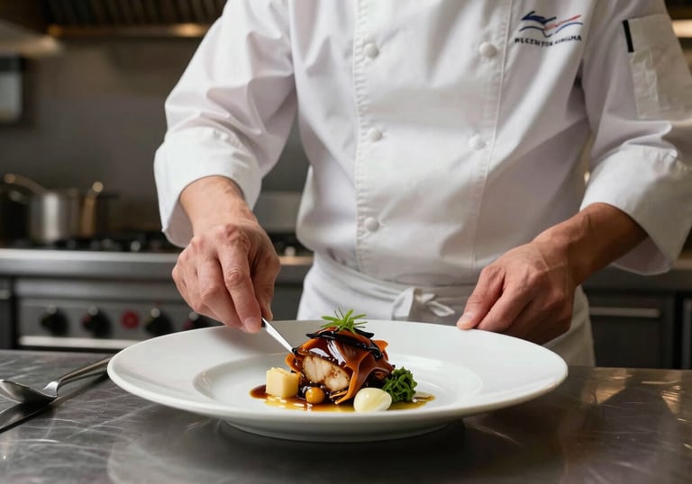 A professional chef in a modern kitchen plating a gourmet dish, shot in a North American / European style with high-contrast lighting and rich colors.