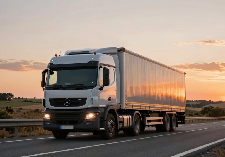 A modern logistics truck driving on a scenic highway through the European / Spanish countryside during sunset, with orange sky reflecting on the vehicle.