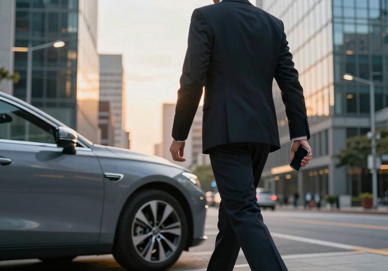 A person in North American / US business attire walking toward a sleek modern car in an urban city setting, holding a smartphone. The sun is setting, reflecting off glass buildings, highlighting convenience.