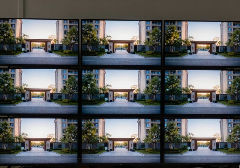 A sharp, clear photograph of several security monitor screens displaying synchronized outdoor camera views of a modern residential complex entrance at sunset.