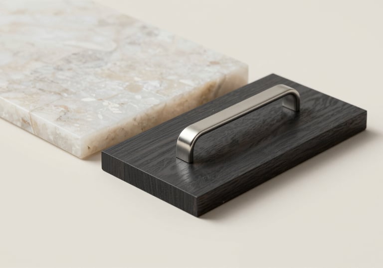 Selection of high-end material samples: quartz slab, dark stained wood (#262626), and a sleek metal handle. Arranged on a neutral surface (#F7F4EF) to showcase quality and attention to detail.