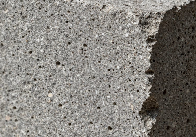 Macrophotography of the textured surface of a grey Mexican cantera stone block, highlighting its natural porous detail and authentic craftsmanship.