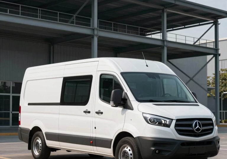 A clean, modern transport vehicle parked in front of a contemporary steel structure building. Sharp professional photography, highlighting efficiency.