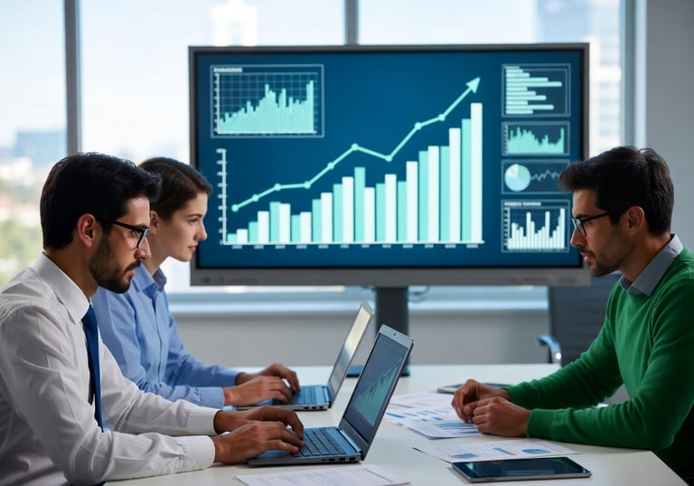 personas trabajando en sus computadores y revisando gráficos