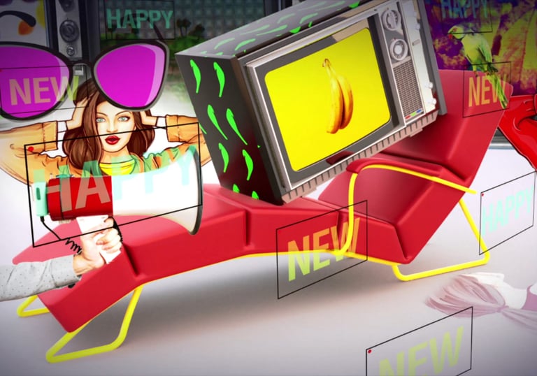 Surreal pop art collage featuring a retro television on a red lounge chair with colorful graphic elements.