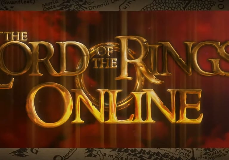 Golden Lord of the Rings Online logo over a red background with a vintage map of Middle-earth.