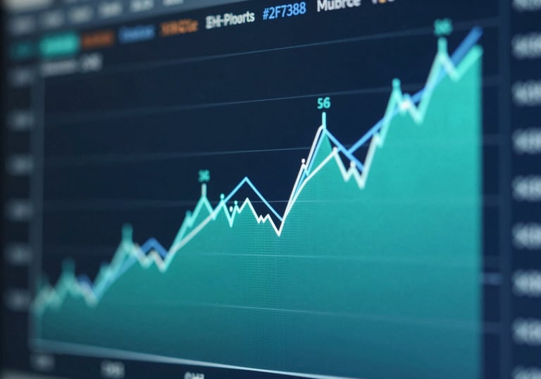 A close-up of a high-tech financial chart on a screen with teal #2F738E and light blue #8DB0BF lines, representing growth and clarity.
