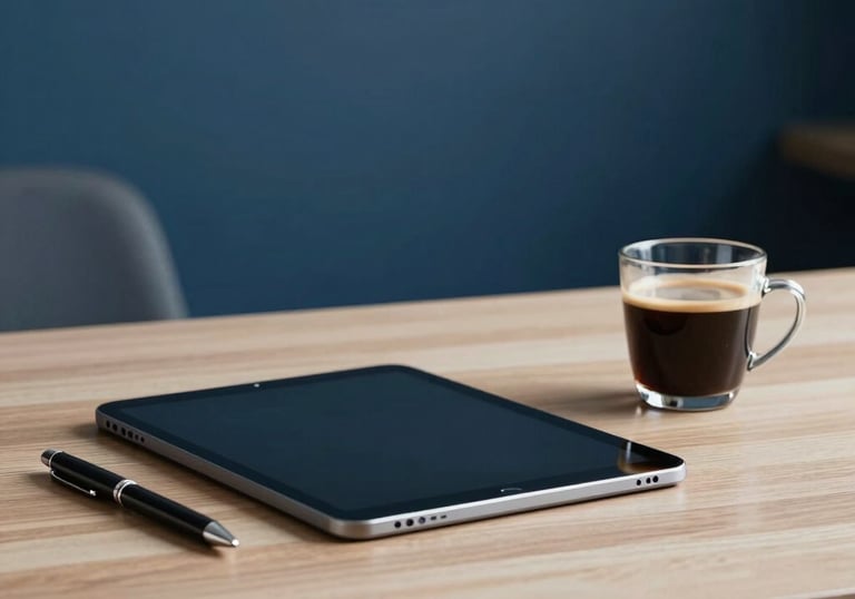 A minimalist North American / US executive desk setup featuring a tablet, a sleek pen, and an espresso, with a soft-focus Navy Blue wall behind it.
