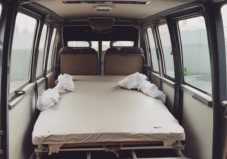 A patient being carefully transported on a stretcher inside a medical transport ambulance.