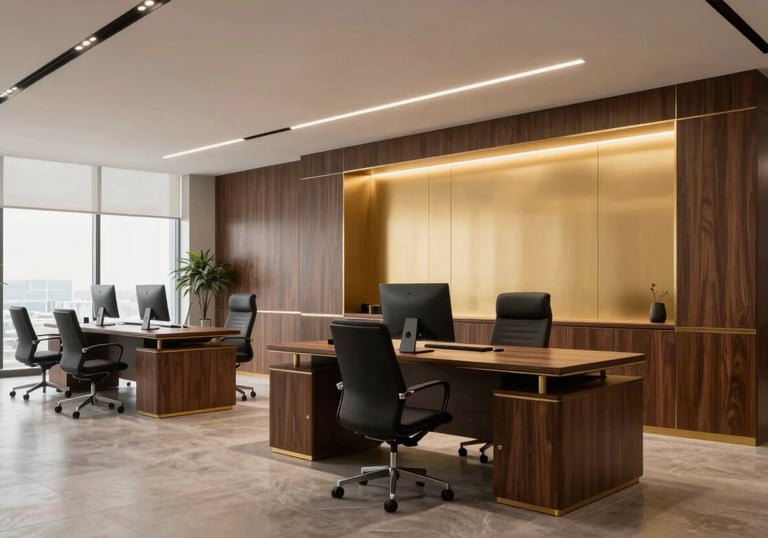 Sophisticated, modern office interior with golden accents and dark wood furniture. Clean lines, professional atmosphere, South American corporate style. Soft overhead lighting.