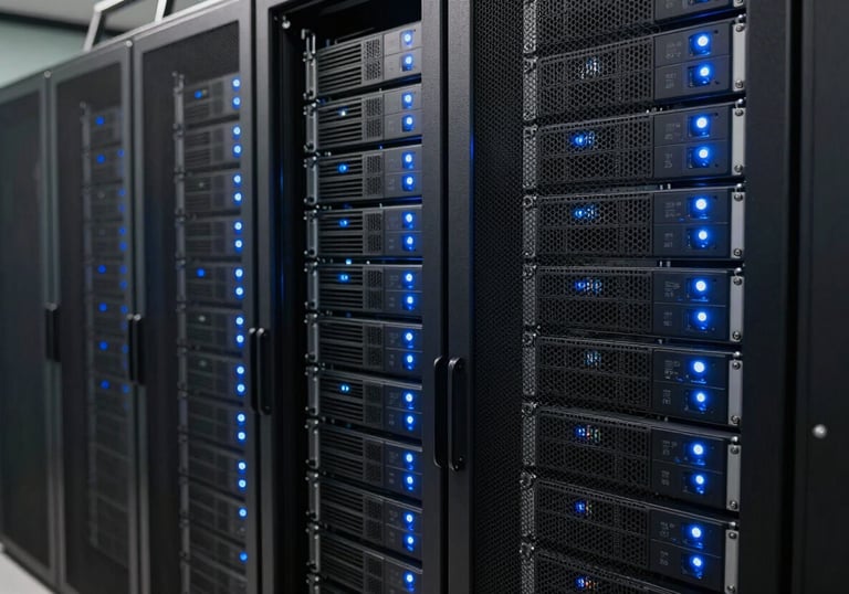 A rack of high-end servers and storage arrays in a modern data room, with glowing blue status lights, representing the massive processing power for film rendering.