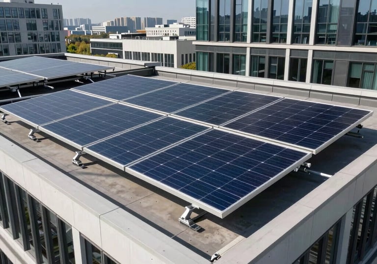 A professional photograph of a bifacial solar module mounted on a rooftop of a contemporary office building in an East Asian city. The composition focuses on the innovative design of the panel, with clear blue skies above.