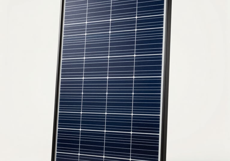 A crisp, professional studio photograph of a single high-efficiency monocrystalline solar panel. The lighting is soft and even, highlighting the sleek black frame against a clean Off-White background.