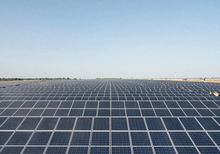 A wide-angle landscape photograph of an expansive utility-scale solar farm. Thousands of solar panels are aligned in perfect rows under a bright, clear sky, conveying reliability.