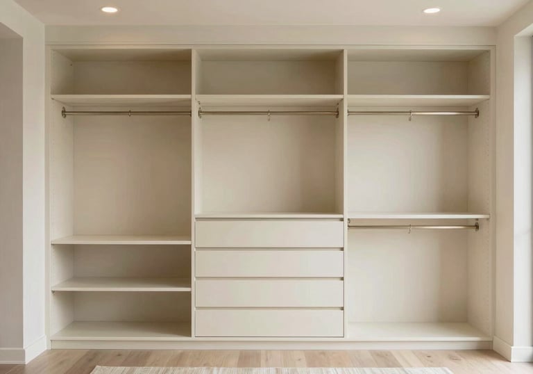 A sophisticated custom closet with ivory finishes and high-end storage solutions in a North American / Miamian residence, bright and airy lighting.