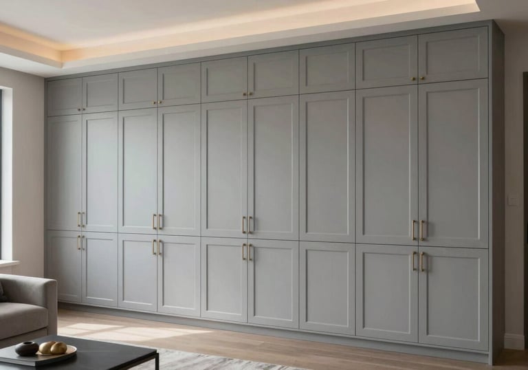 Custom wall-to-wall cabinetry in a modern North American / Miamian living room, showcasing seamless integration and soft grey finishes, professional lighting.