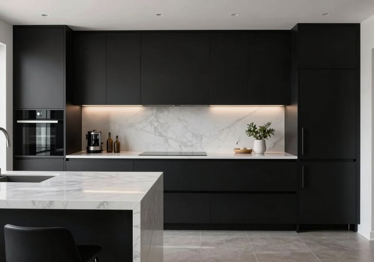 Minimalist luxury kitchen design in a North American / Miamian home featuring white marble countertops and custom black cabinetry with clean lines, editorial photography style.